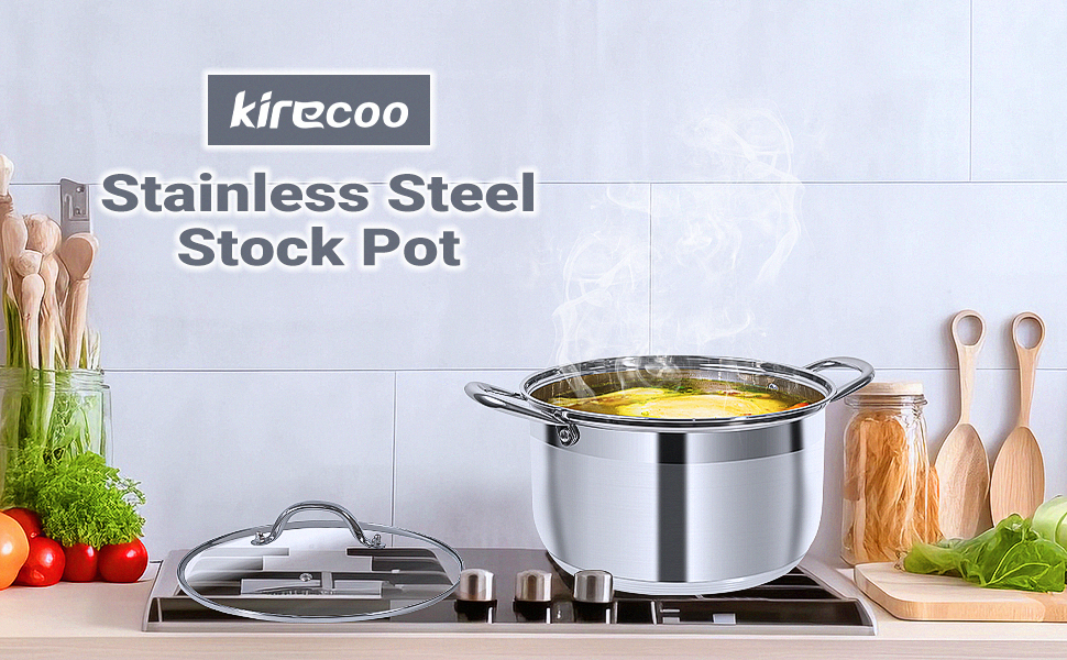 Stainless Steel Stock Pot with Glass Lid, 8 Quart Large Cooking Pot, Simmer Pot with Handles