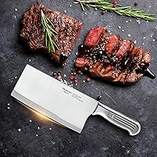 This knife can also cut thick meat steaks.