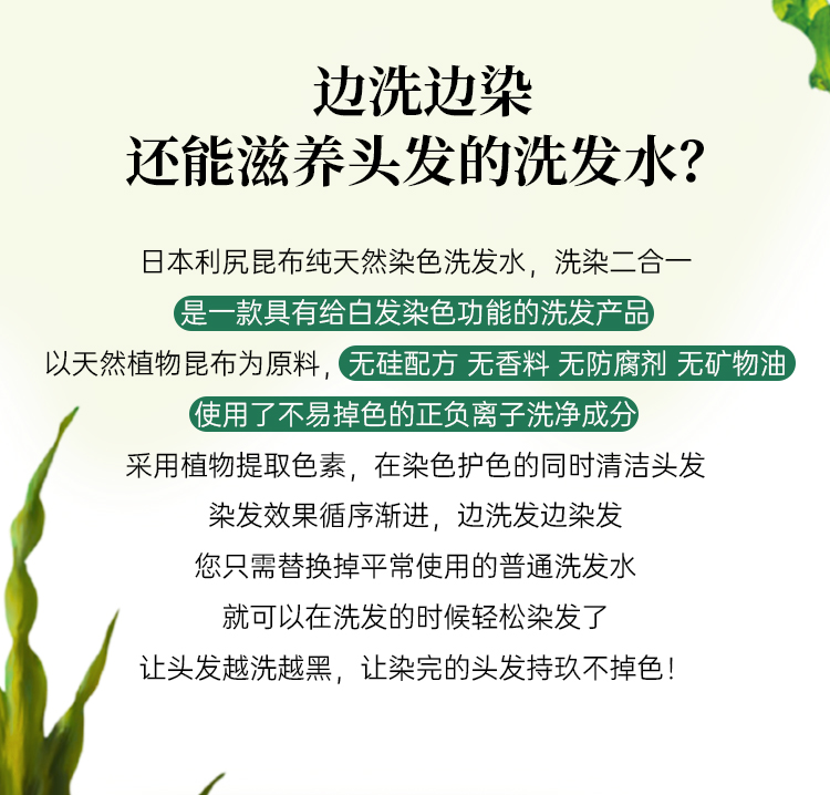 【日本直邮】日本 利尻昆布 无添加 植物染发洗发水 无硅油 黑色 洗染一体2合1 补色染发