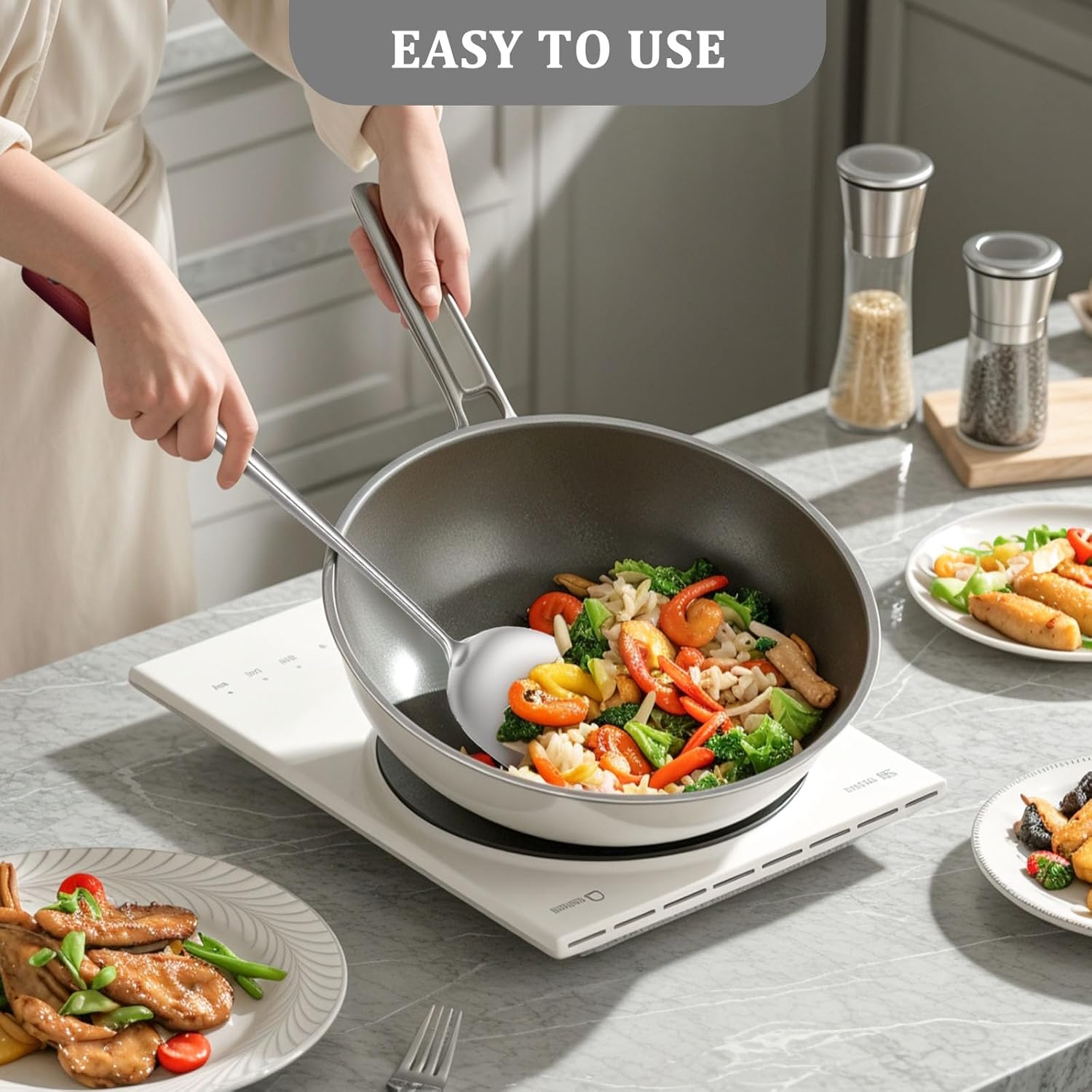 高品质炒锅铲带防烫木柄 不锈钢锅铲 烹饪铲 炒菜铲 炒锅铲木柄烹饪铲子 17英寸厨房用具,用于搅拌混合翻转烹饪