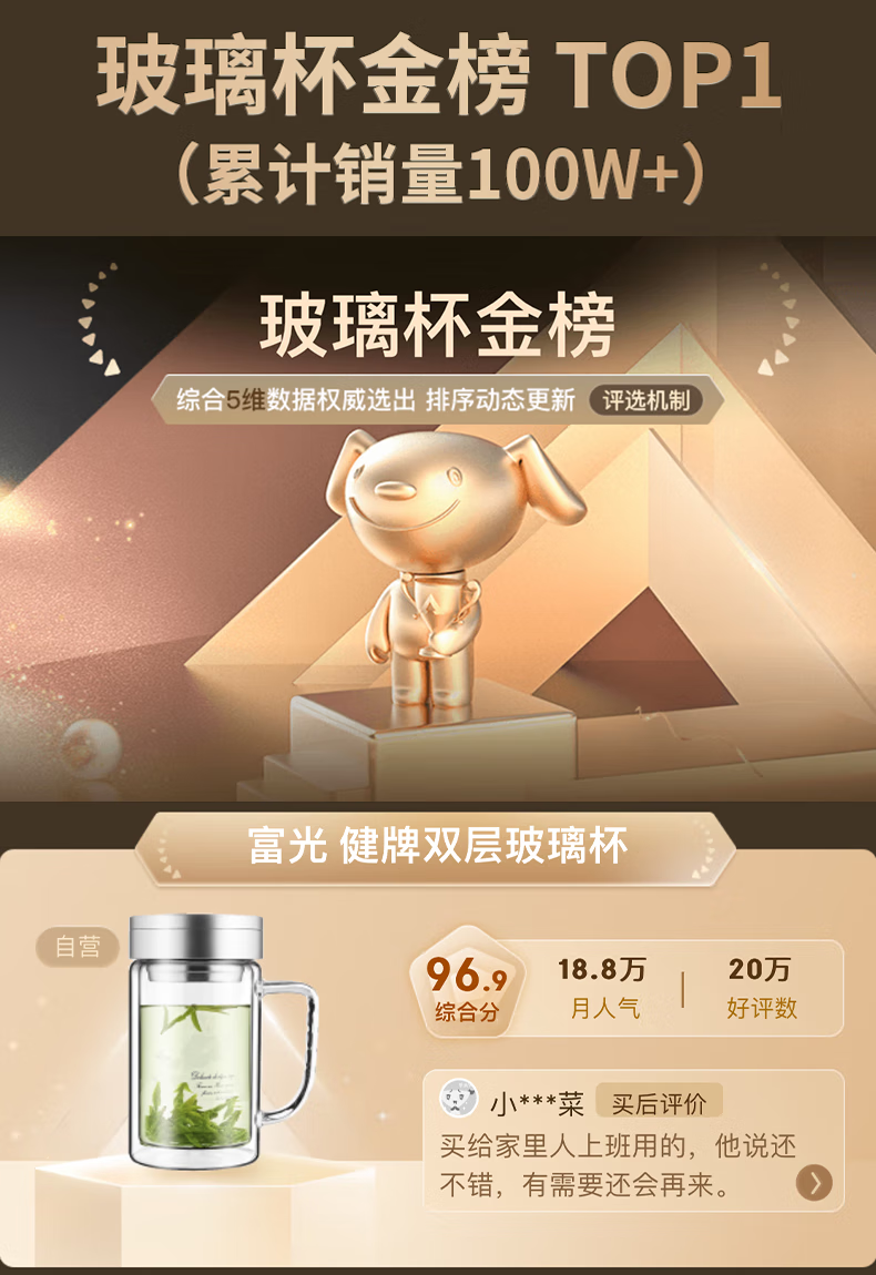 富光 健牌双层玻璃杯茶杯办公杯带把 大容量男女水杯子 525ml