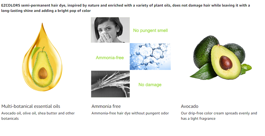 Semi Permanent Hair Color with Avocado Oil, Natural Hair Dye Cream,Pack ...