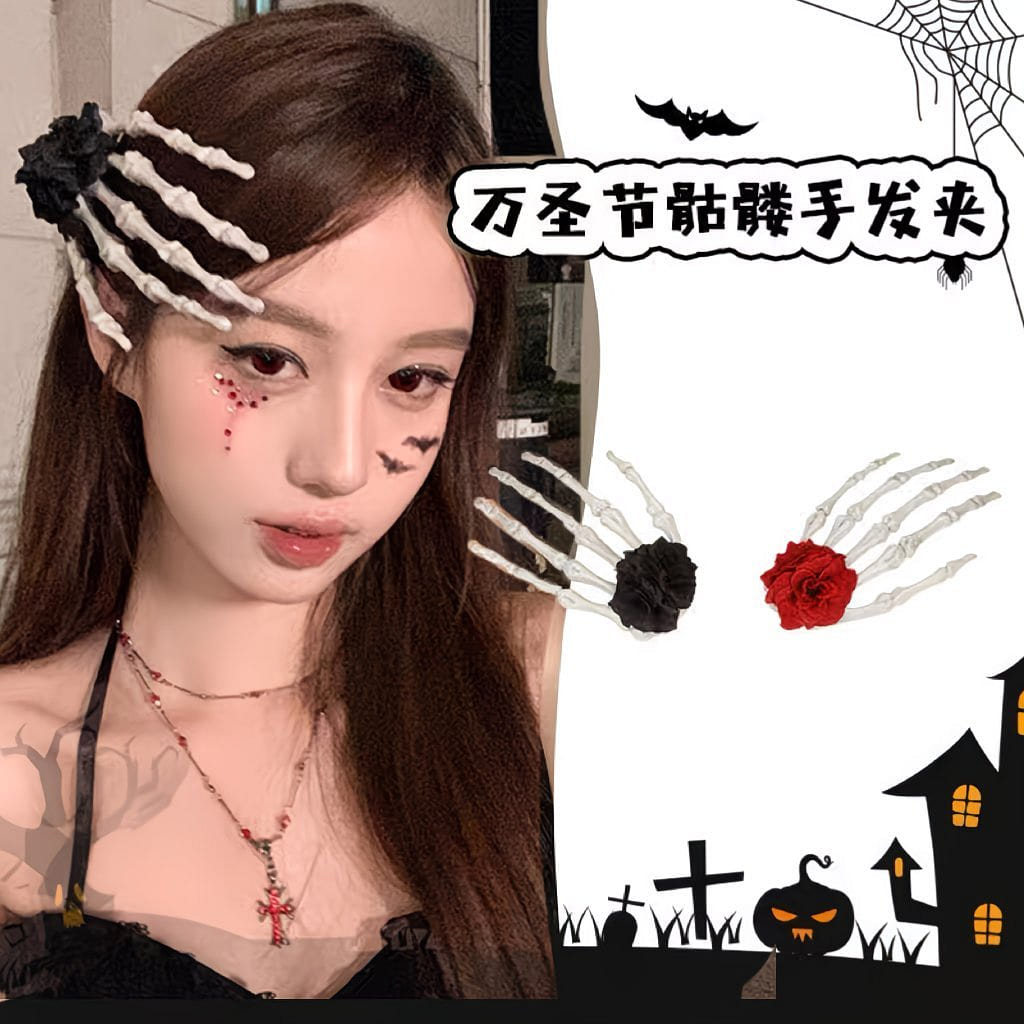 Halloween Skull Claw Hair Clips Black Red 1Pair 2 each