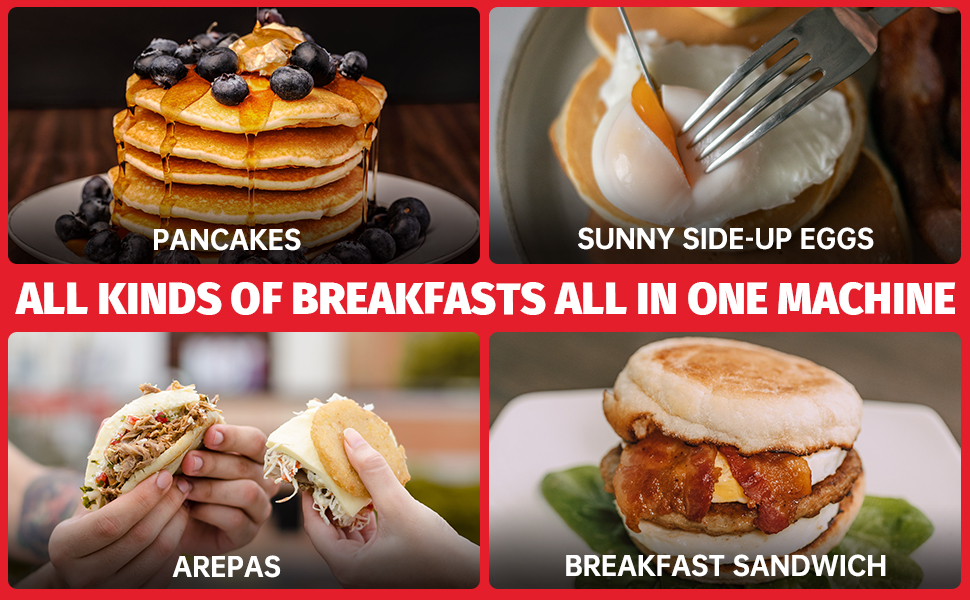 pancakes, arepas, sunny side-up eggs, breakfast sandwich