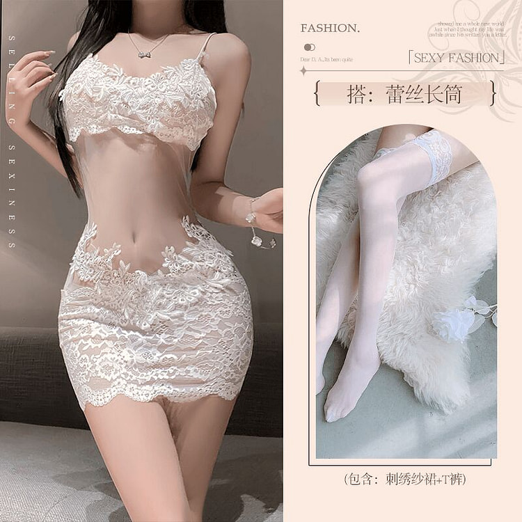 女士性感情趣内衣 情侣约会战袍白色XL+白色蕾丝袜 1 份