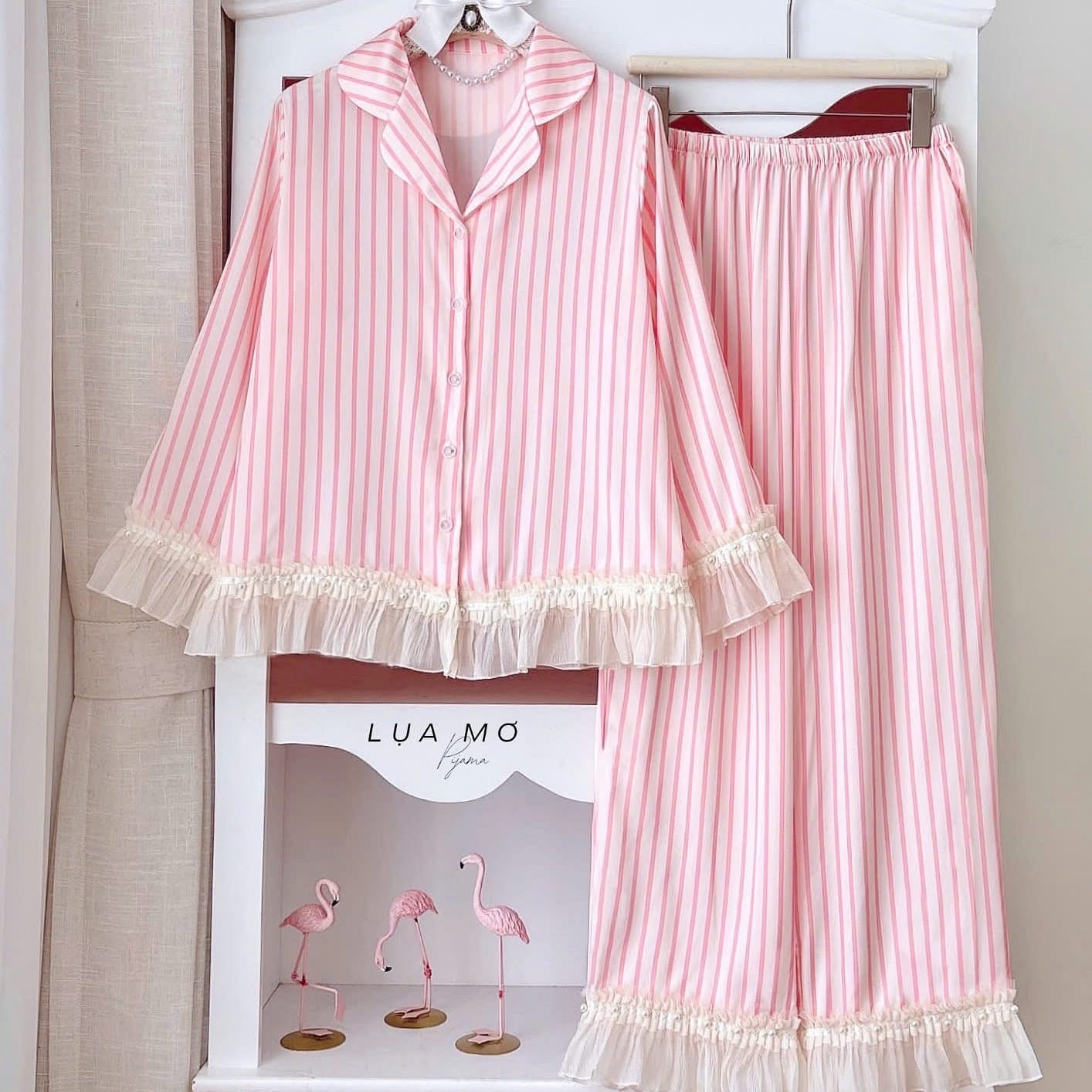 Premium Silk Pink Striped Chiffon Pearl Pajama Set 1 count