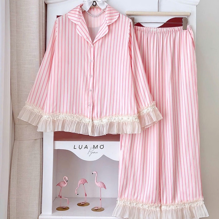 Premium Silk Pink Striped Chiffon Pearl Pajama Set 1 count