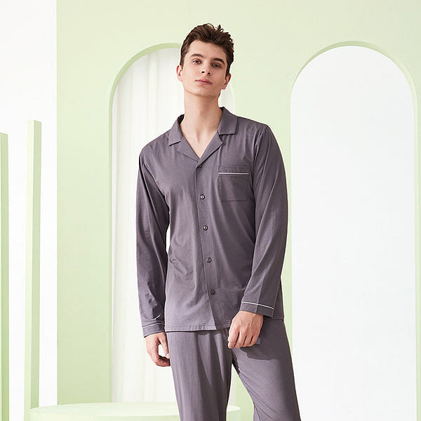 LULLABUY 兰精天丝纯色睡衣套装男士家居服 L码 海岩灰