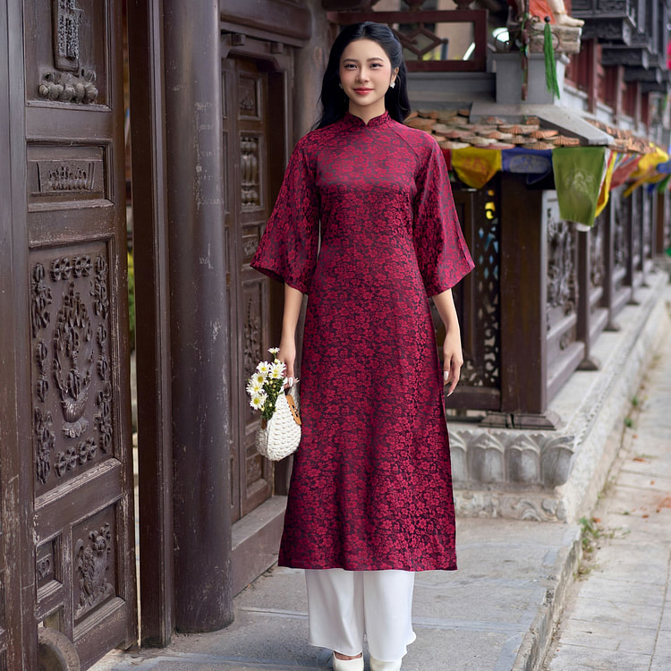 Traditional Ao Dai Maroon Color Size L