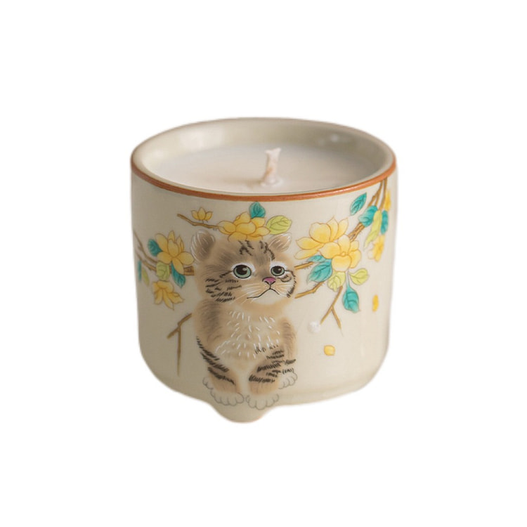 汝窑植物香熏蜡烛 卧室创意氛围感香氛 - 黄花萌猫 1 盒