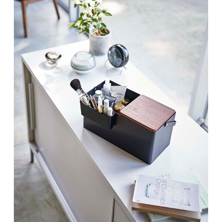 Makeup Organizer with Mirror - Steel + Wood Black