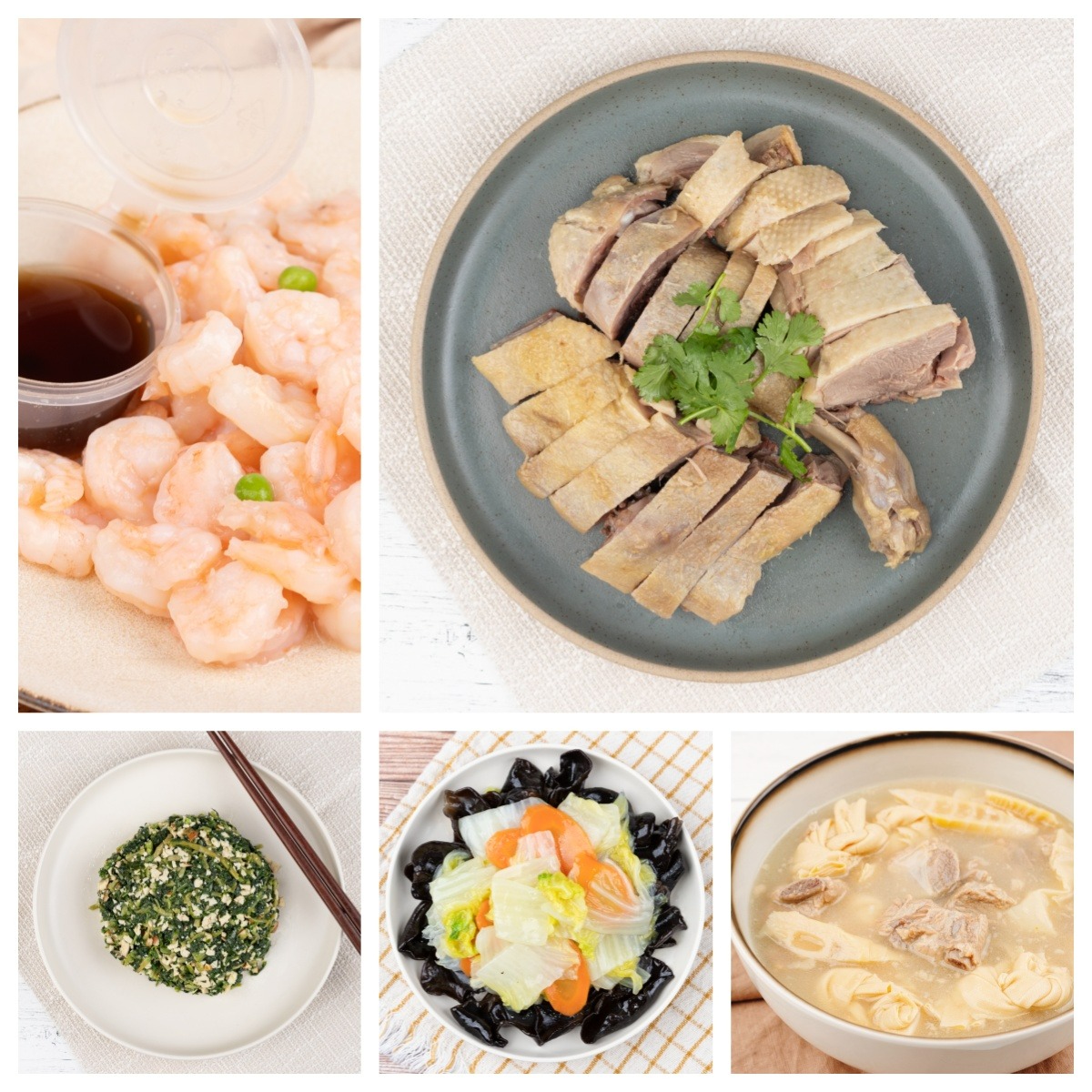 五菜套餐(鸭,虾,马兰头,素什锦,腌笃鲜) 1 份