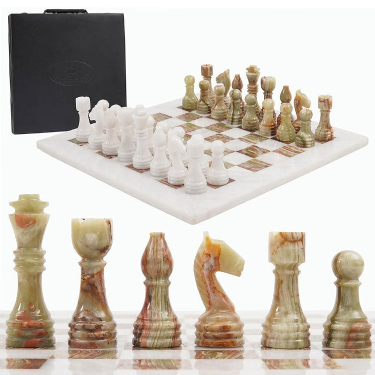 15吋白色和綠色瑪瑙大理石西洋棋套裝