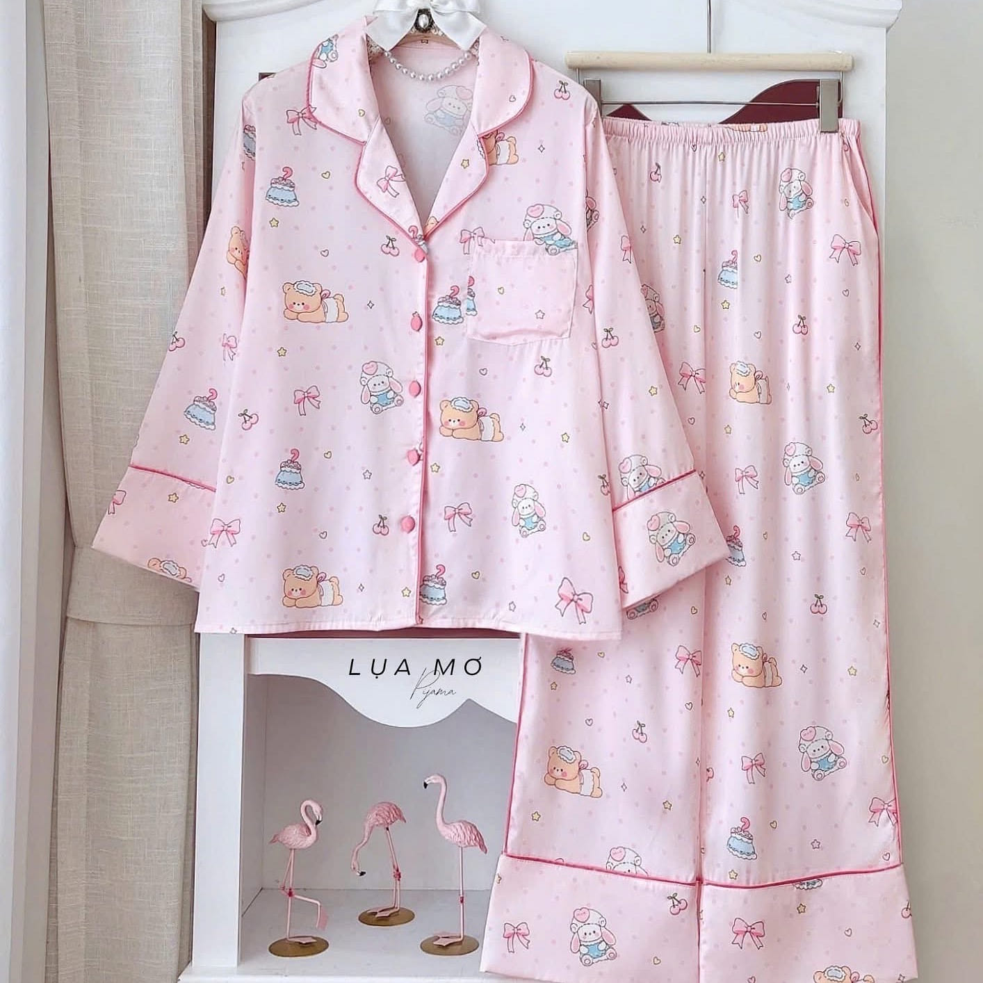 Premium Silk Pink Polka Dot Bear Pajama LSLP Set 1 count