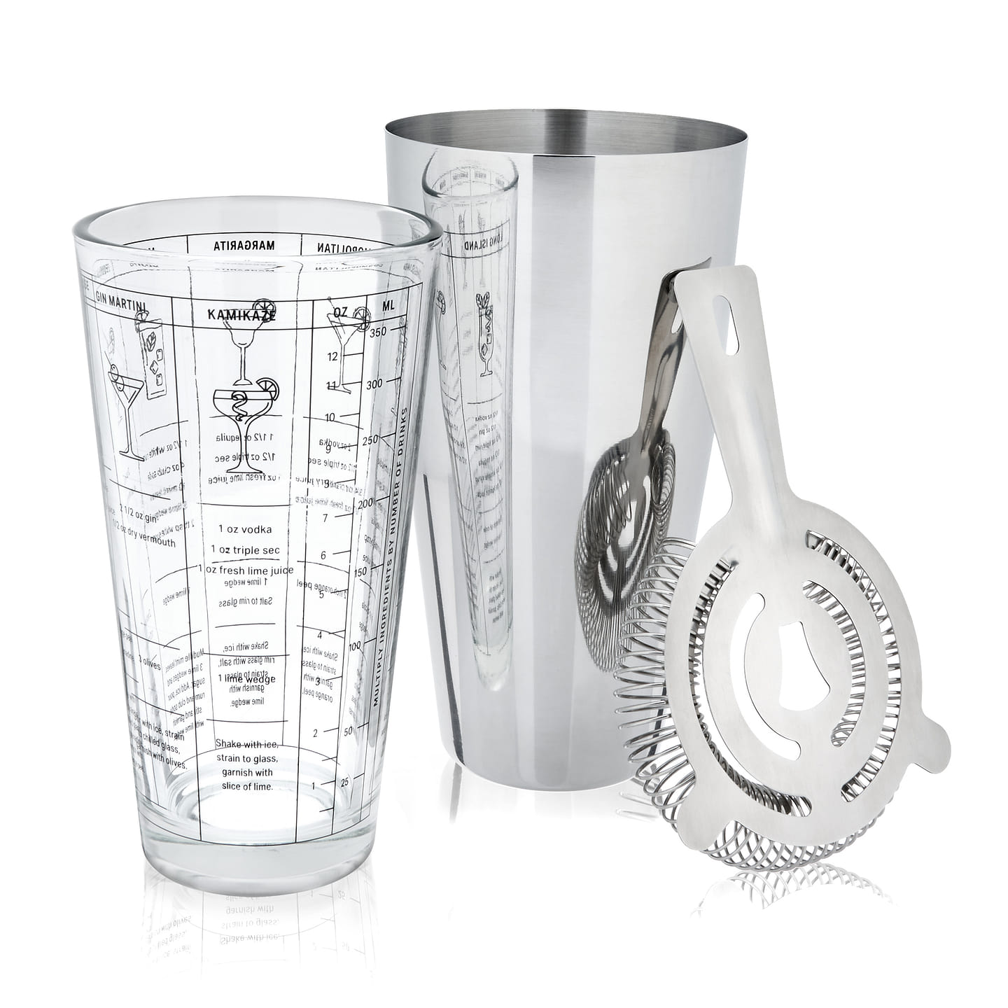 True 3-Piece Barware Set with 7 Cocktail Recipes and Measurements Printed on Mixing Glass, Includes Shaker Tin and Hawthorne Strainer, Glass and Stainless Steel 27 oz