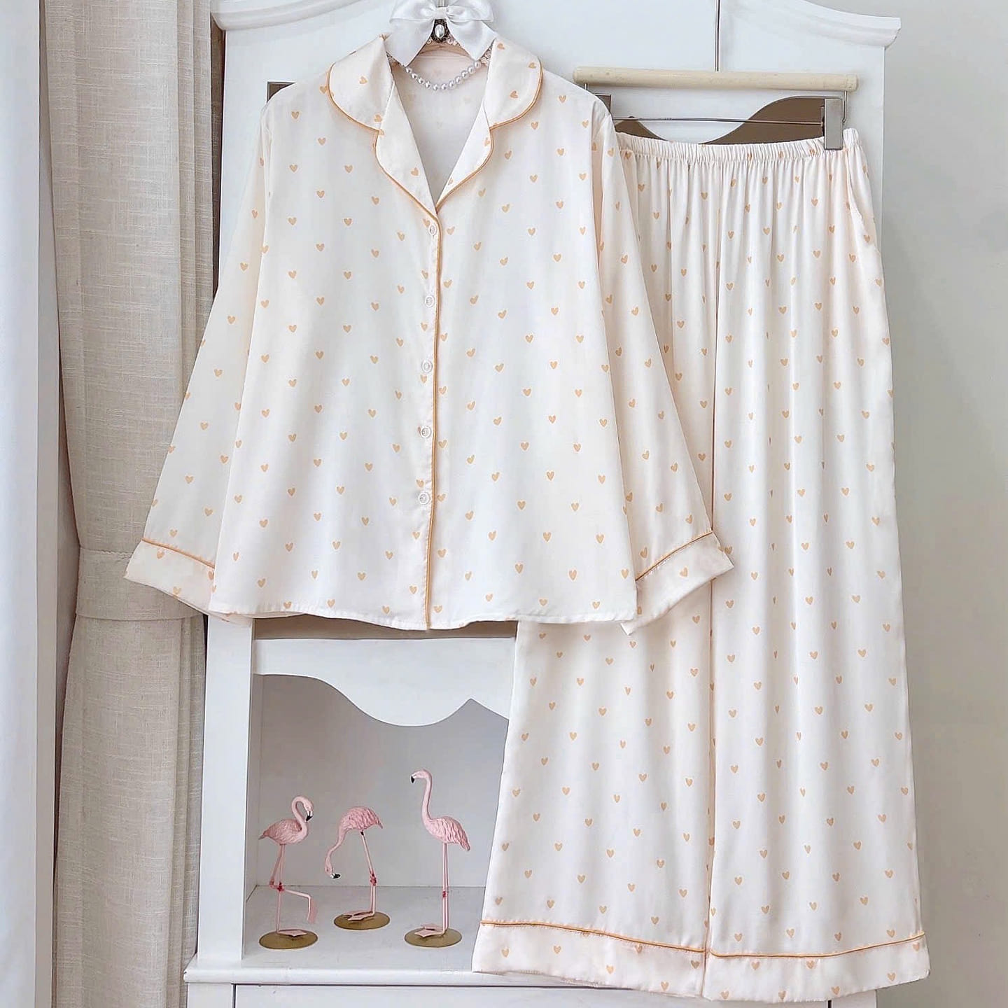 Premium Silk Little Beige Heart Cream Pajama Set 1 count