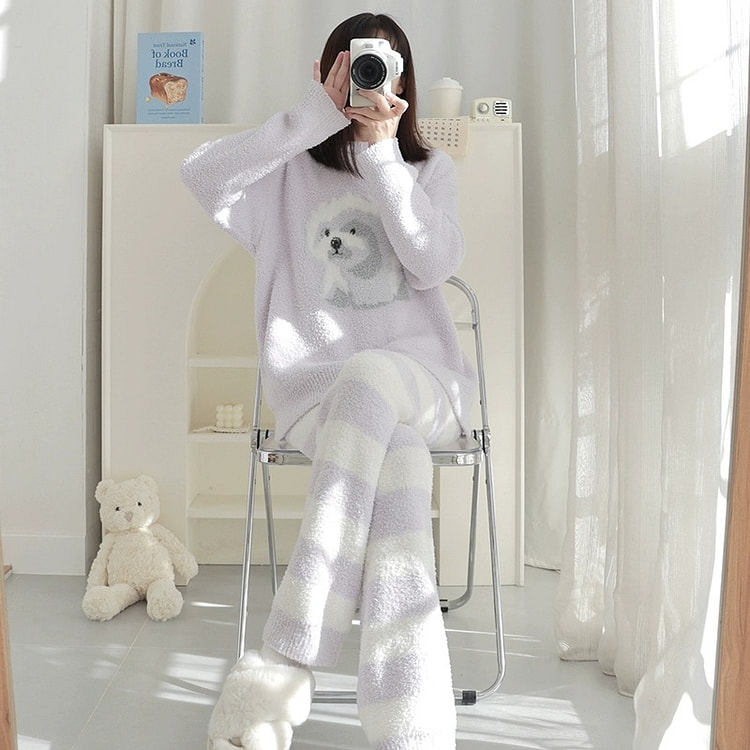 LULLABUY 云柔暖意牛奶绒睡衣套装 均码紫色