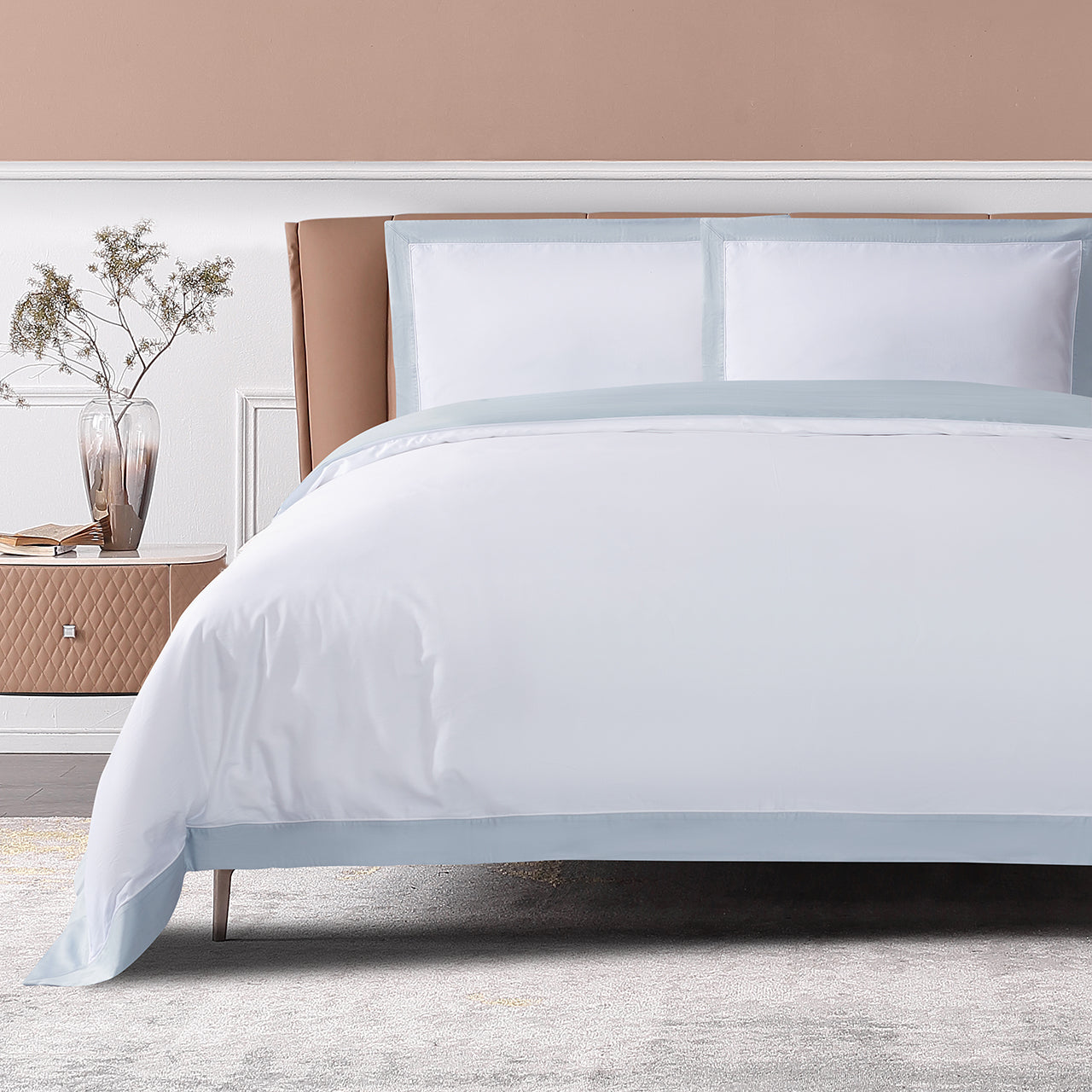 Long-staple Cotton Duvet Cover Set + Fitted Sheet, 4-piece, White + Misty Blue Queen (87“ x 93“ + 20“ x 30“ x 2) / Full 0 lb