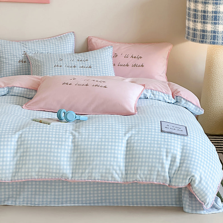 Fresh Gingham Bedding Set Blue Pink-Queen 2000 g