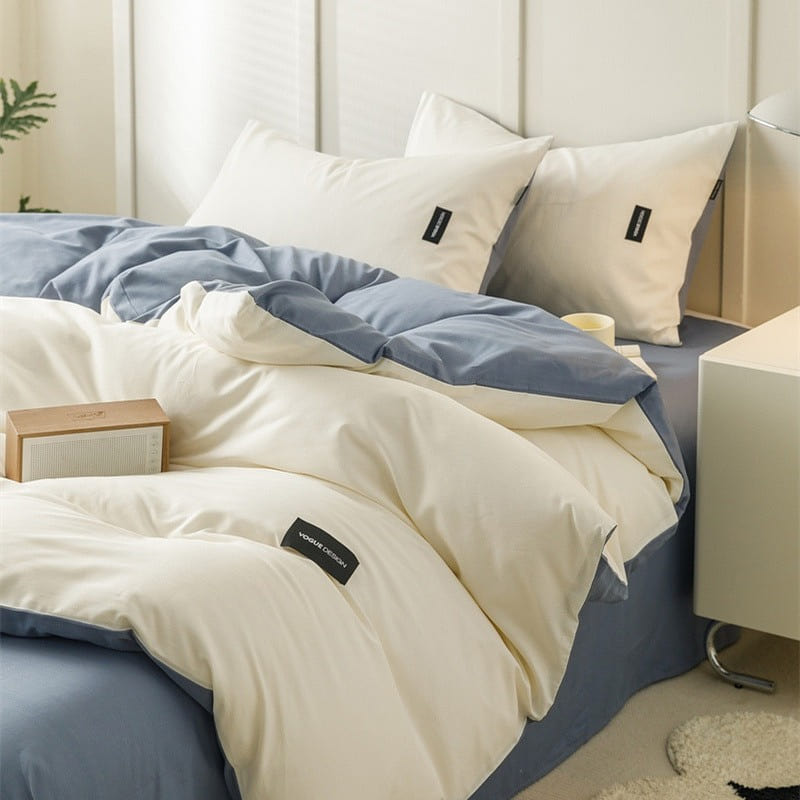Bedding Set Flat Sheetx1 Duvet Coverx1 Pillow Casex2 White+Blue 1 each