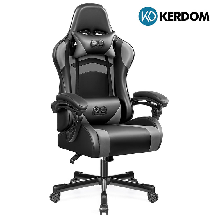 KERDOM 高背人体工程学游戏椅，黑灰色高背电脑游戏椅，高度和靠背可调节，联动扶手，带头枕和腰部支撑，赛车风格游戏办公椅