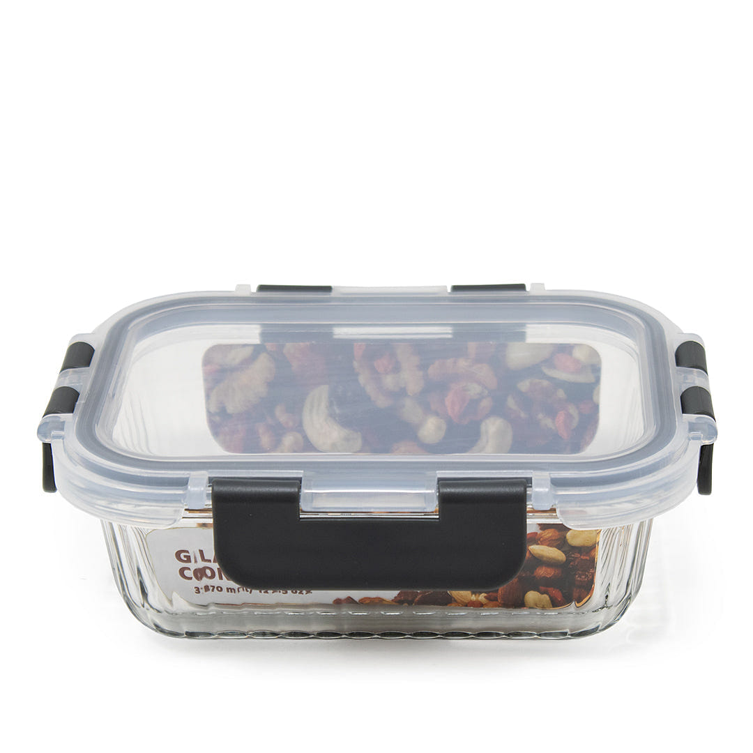 HQ Boroslicate Glass Mixing Bowls / Storage Bowl with Grey / Clear Clip On Lid Heat-Resistant Airtight 12.5oz Rectangular Bakeware for Kitchens 370 ML 1 each