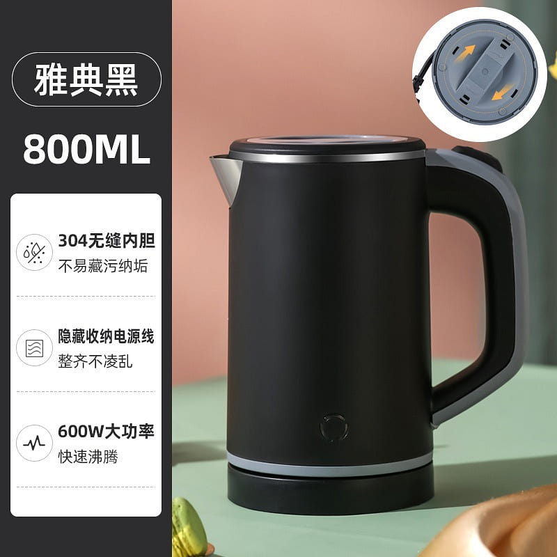 家用电热水壶 304不锈钢双层保温 110V 黑色 1 份