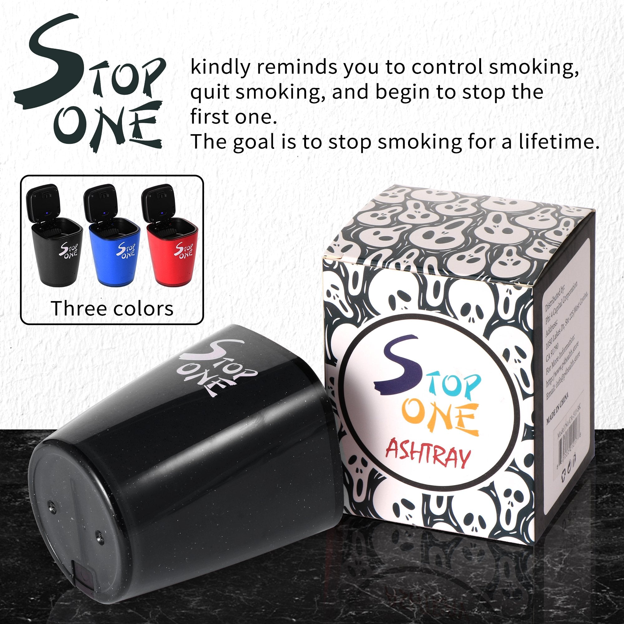 STOP ONE Car Ashtray, Portable Ashtray, CA-521 Auto Ash Tray with Lid and Led, Black Black 1 phần