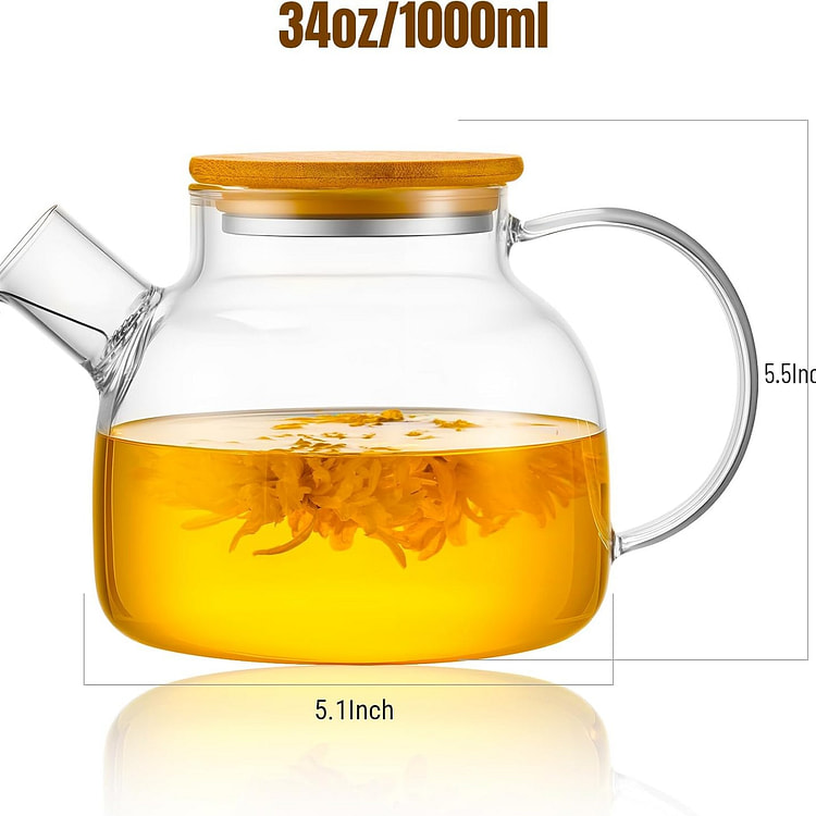 竹盖玻璃茶壶 34 盎司/1000 毫升