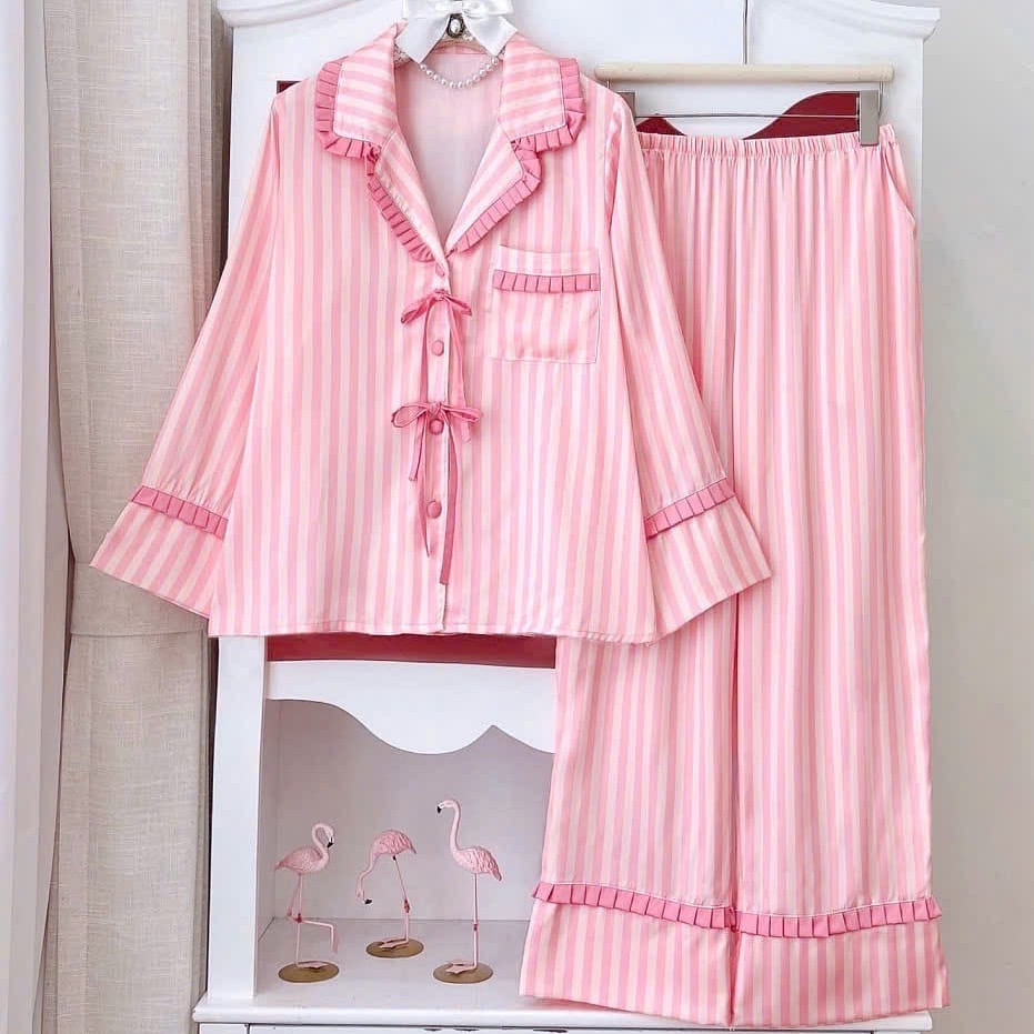 Premium Silk Pink Striped Pleated Trim Pajama 1 count