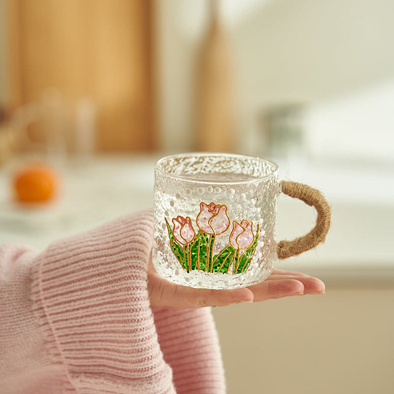 Beautiful Hand-painted Floral Glass Mugs Water Bottles for Girls Set Tulips Mug 1 each