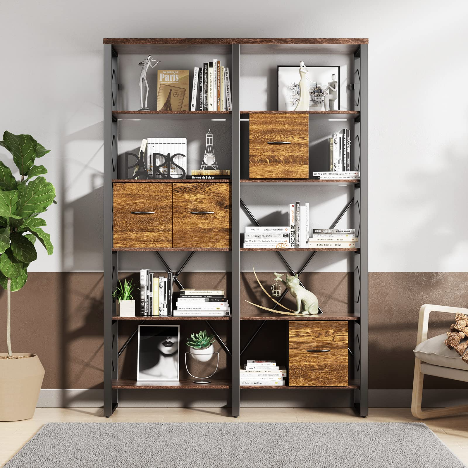 家具6点 76” Double Wide 6-Tier Bookshelf ,Large Bookshelf for Home Office