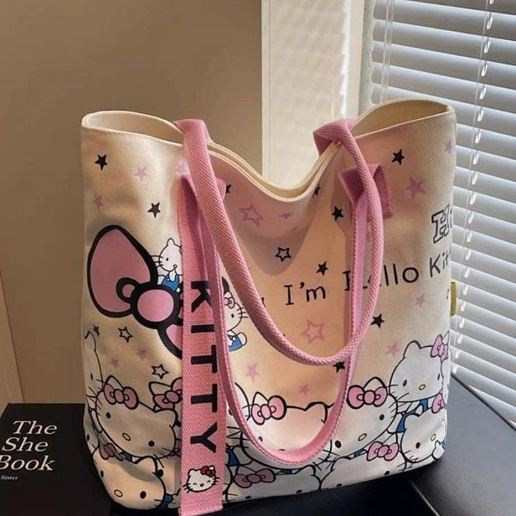 Kitty Tote Bag Tote Canvas Bag Pink Ribbon