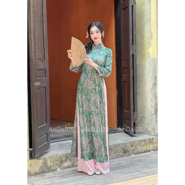 绿色花卉女士 Ao Dai 无裤子 H15 L