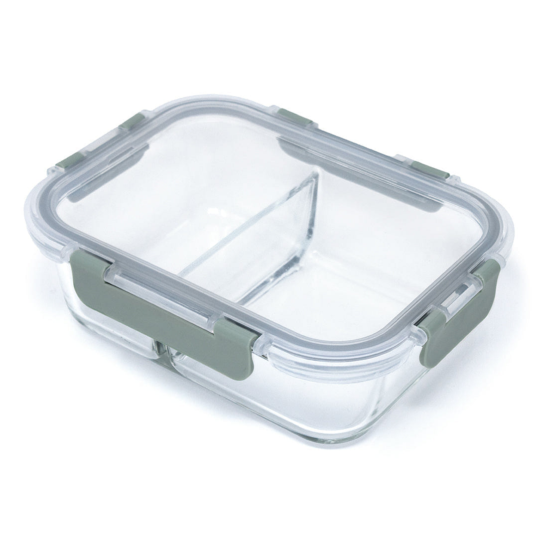 HQ Boroslicate Glass Food Containers / Canister with Grey / Clear Clip On Lid Box with 2 Compartments Airtight 35oz Rectangular Bakeware for Kitchens 1040 ML 1 each