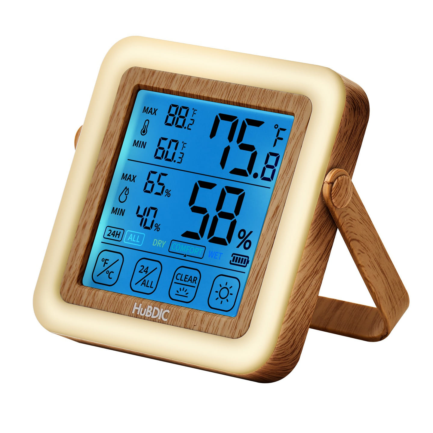 HuBDIC Hygrometer with 3 Level Bright Nightlight, Indoor Thermometer(Light Wood) 1 count