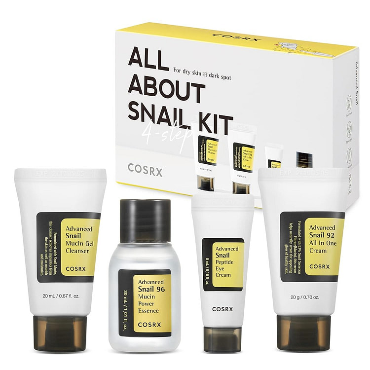 COSRX 달팽이 키트에 대한 모든 것 4단계 (클렌저 20ml / 에센스 30ml / 크림 20g / 아이 크림 5ml)