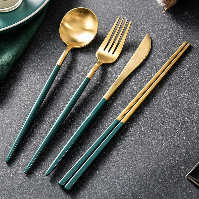 Western Food Set 304 Stainless Steel Knife, Fork, Spoon + Chopsticks 4pcs set 4 bunch
