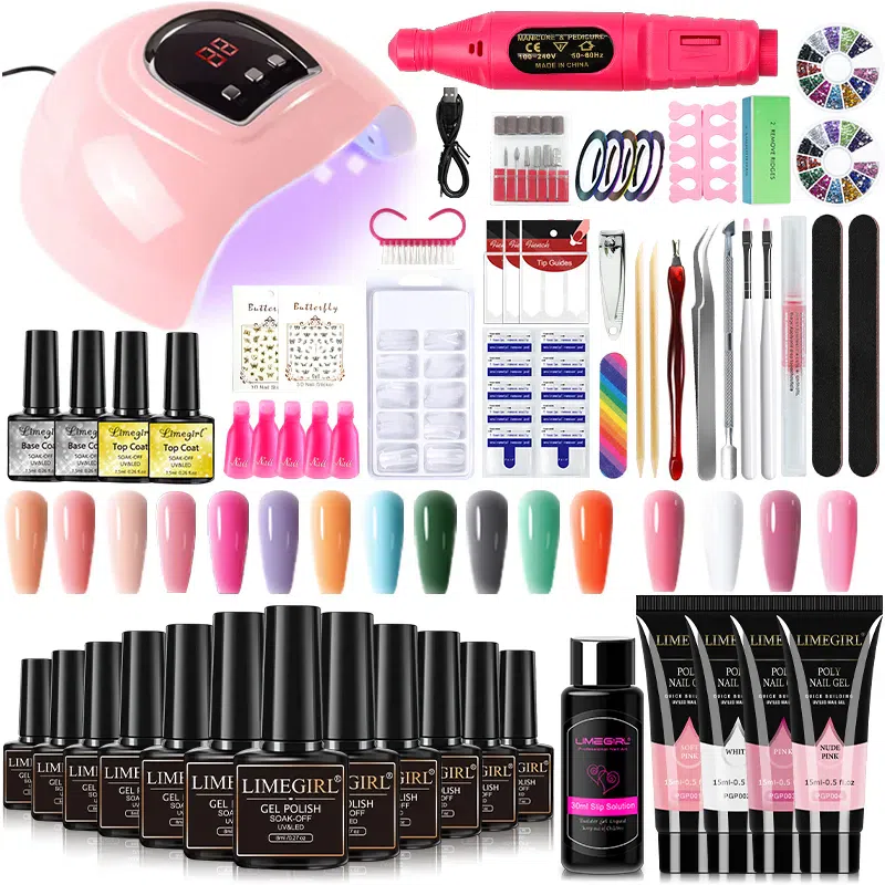 Limegirl 16 Colors Manicure Set with 54W UV LED Lamp 2Set Base Coat Top Coat and Nail Drill Machine Professional Poly Nails Gel Kit Soak-off Nail Art Tools Sets 1 each