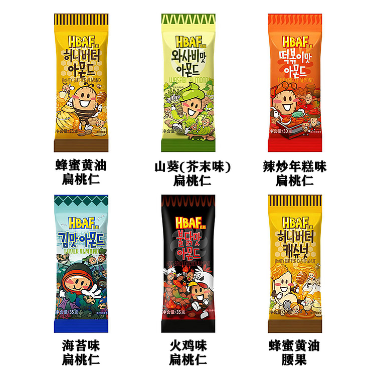 Korean Tom Farm Almond Nuts 6 Flavor Honey Butter, wasabi,nori,tteokbokki