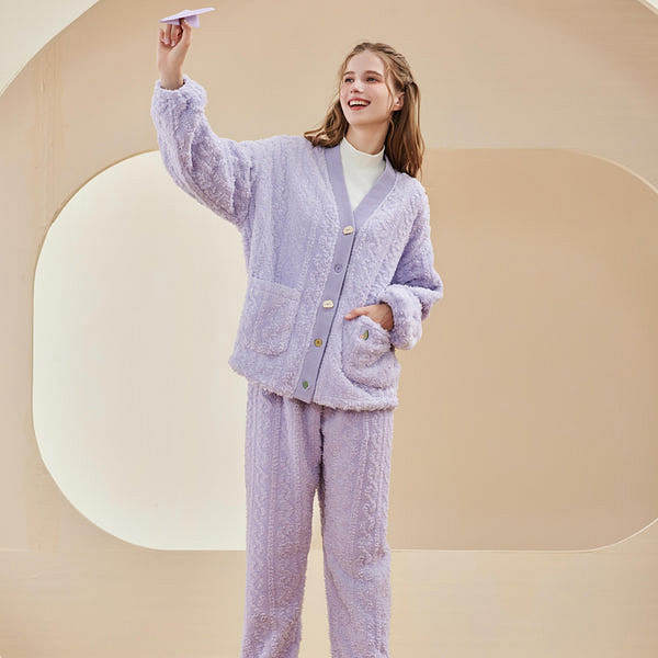 LULLABUY 樱桃口袋珊瑚绒冬季睡衣女士居家服 绒绒紫 XXL
