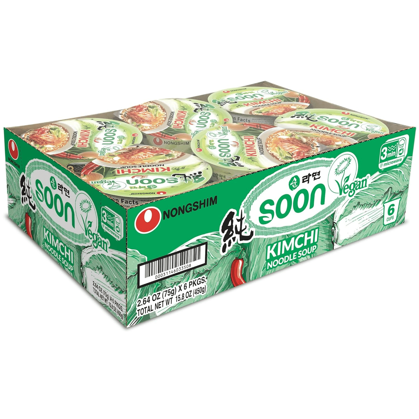 Nongshim Soon Kimchi Instant Vegan Ramen Noodle Soup Mix Real Kimchi Flakes 6pk 1 each