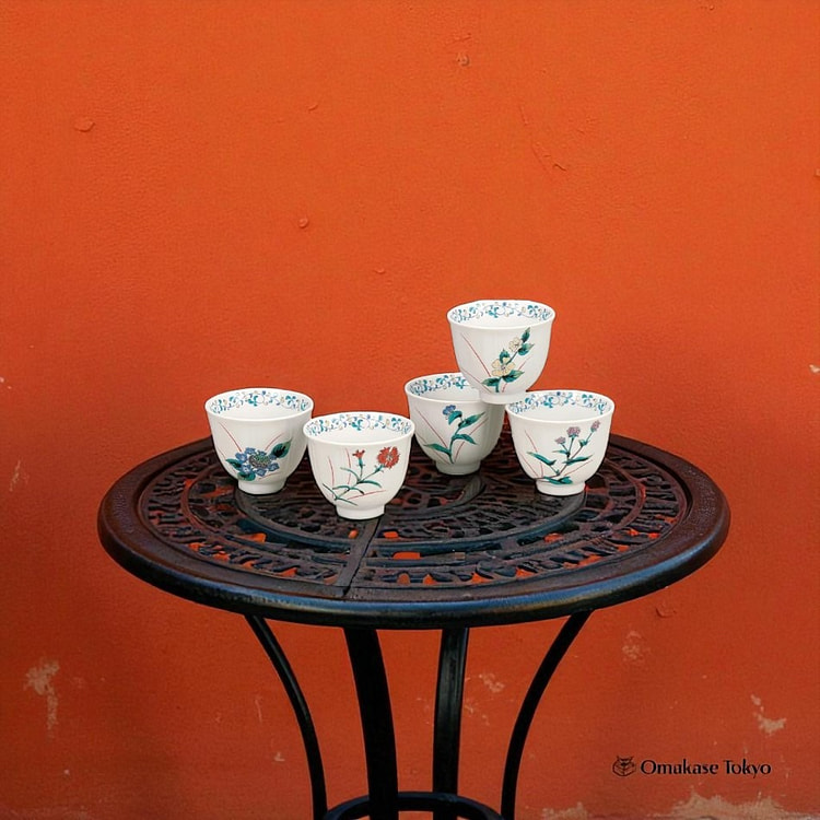 Kitaniyaki Tea Cups Set of  Five Flowers and Birds