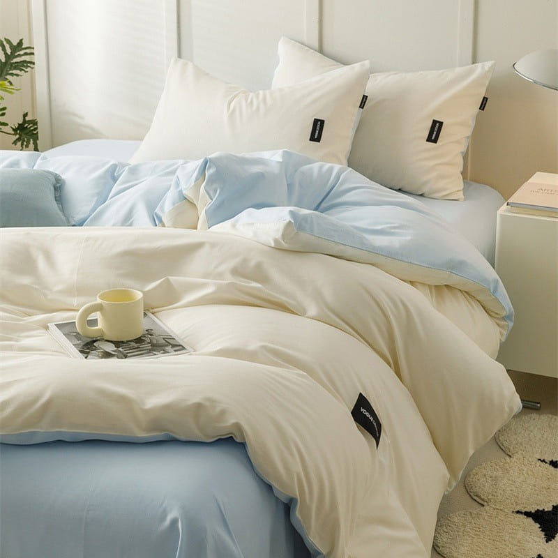 Bedding Set Flat Sheetx1 Duvet Coverx1 Pillow Casex2 White+Light Blue 1 each