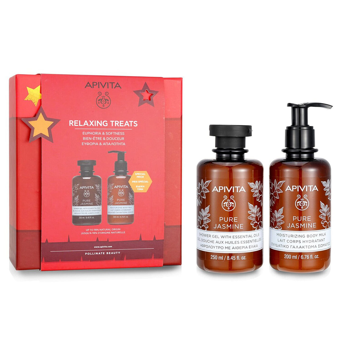Apivita Relaxing Treats Euphoria & Softness Set: Pure Jasmine Shower Gel 250ml+ Pure Jasmine Moisturizing Body Milk 200ml 2pcs 2 each
