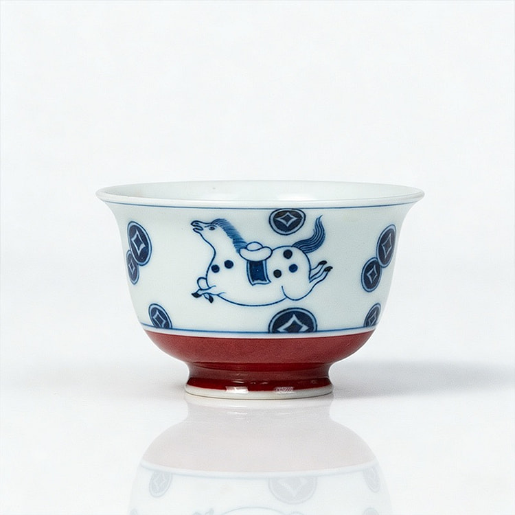 马上有钱 撇口杯 青花宣德红 工夫茶杯 60毫升 1 个