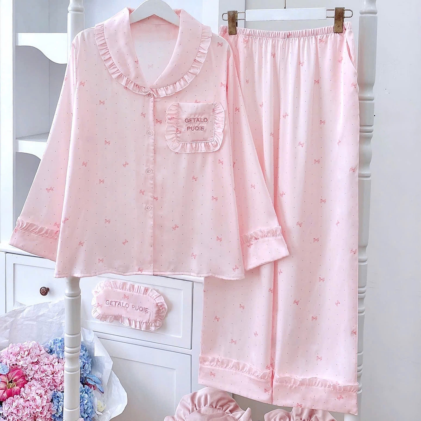 Premium Silk Little Pink Bow Ruffle Trim Pajama 1 count