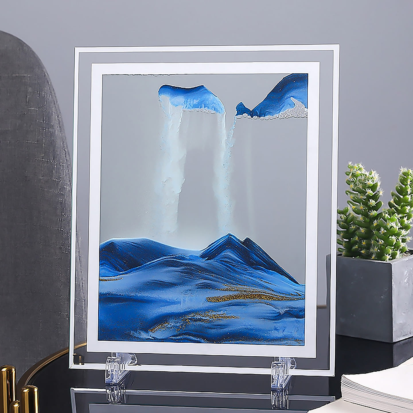 Glass 3D Dynamic Moving Sand Art Picture Deep Sea Sandscape Desktop Home Decor 1 count