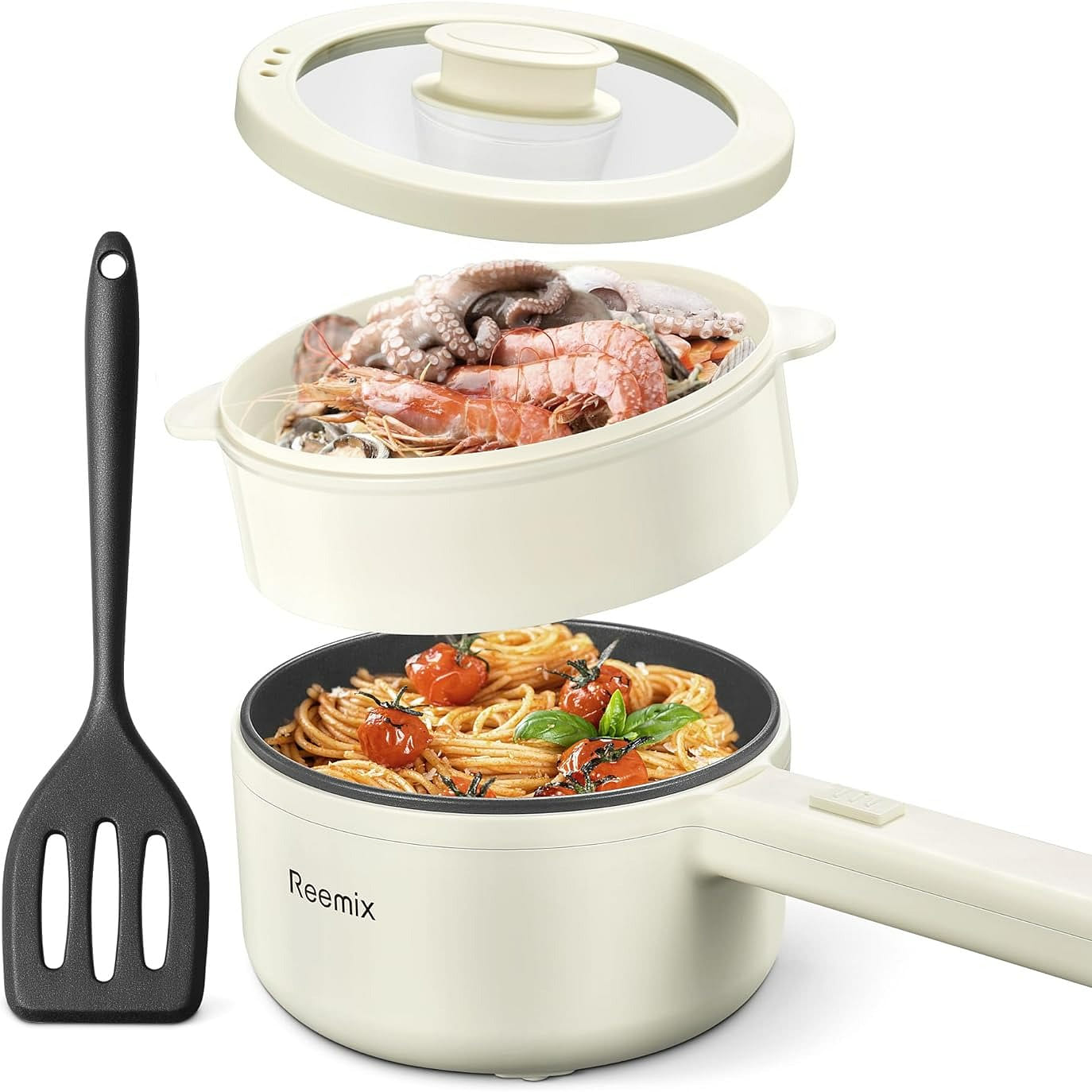 Hot Pot Electric With Steamer,1.6L Ramen Cooker Non-Stick Pan , White Large 1 each