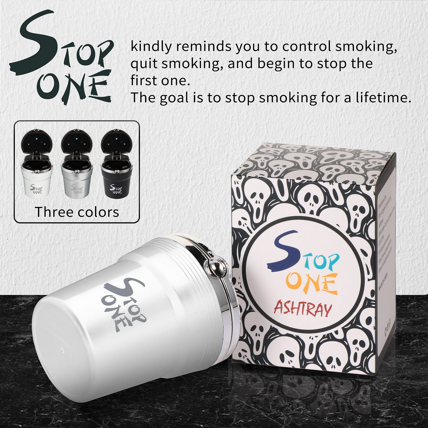 STOP ONE Car Ashtray, Portable Ashtray, CA-511 Auto Ash Tray with Lid and Led, White White 1 each